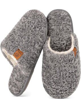 〽️Women's Gray Fuzzy Slippers Closed Toe No Heel Slip-on House Cloud Soft Shoes